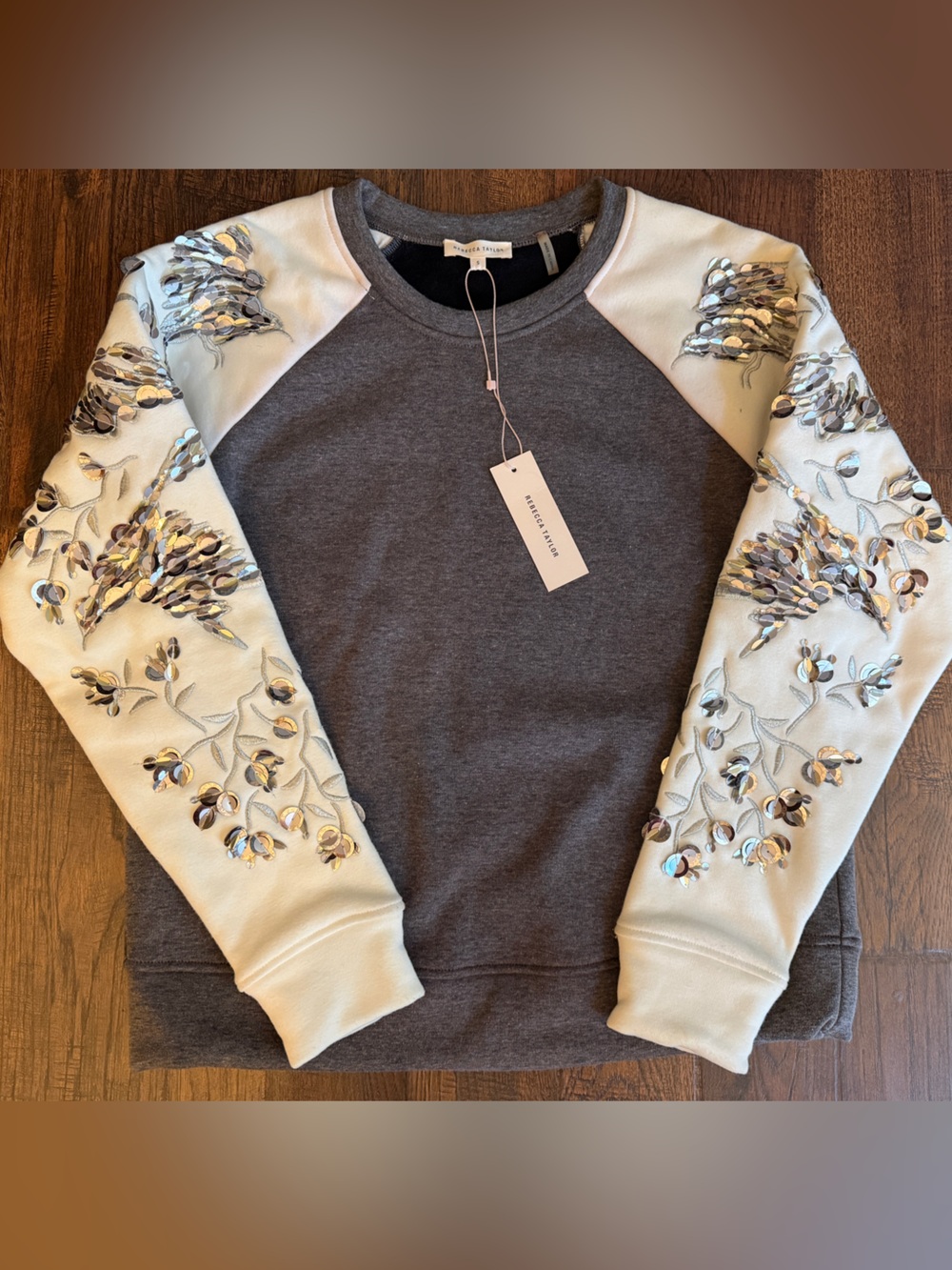 NWT Rebecca Taylor Embellished Sleeve Sweatshirt Small Gray Ivory Sequin Floral